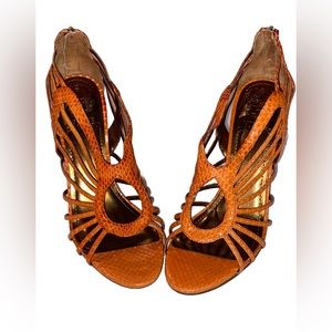 Vince Camuto Orange Leather Snakeprint Scrappy Stilettos- Size 8.5?